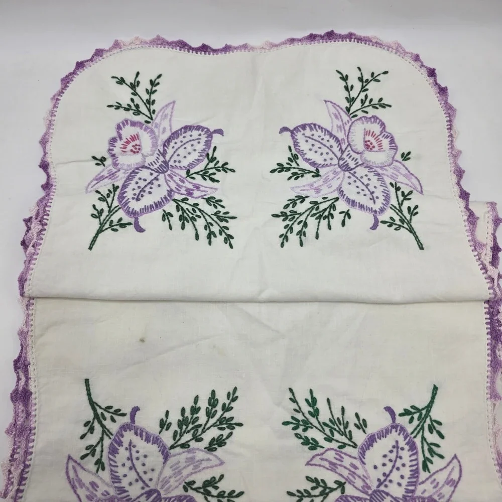 Vintage Hand Embroidered Dresser Scarf Purple Orchid Crochet Edge Table Runner